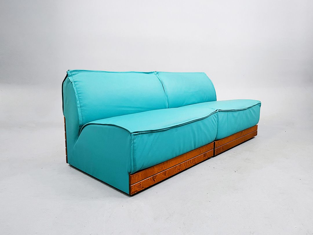 Foto Turquoise Modular Sofa with Teak Detail by Elämisen Iloksi, Finnland 1960s h72x86