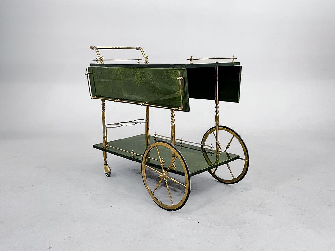 Foto Moss Green Goatskin Serving Cart with Brass Relief h78