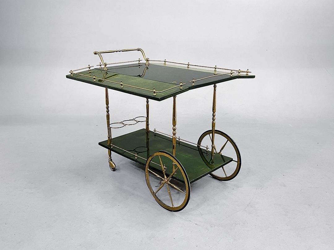 Foto Moss Green Goatskin Serving Cart with Brass Relief h78