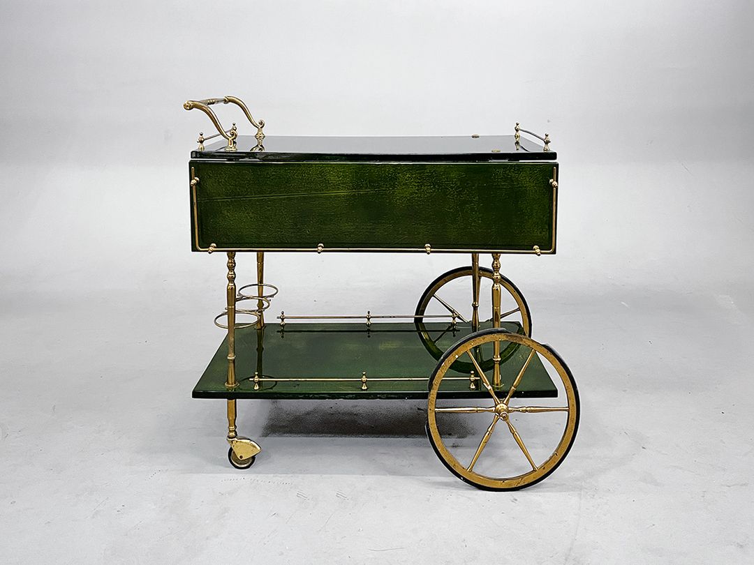 Foto Moss Green Goatskin Serving Cart with Brass Relief h78
