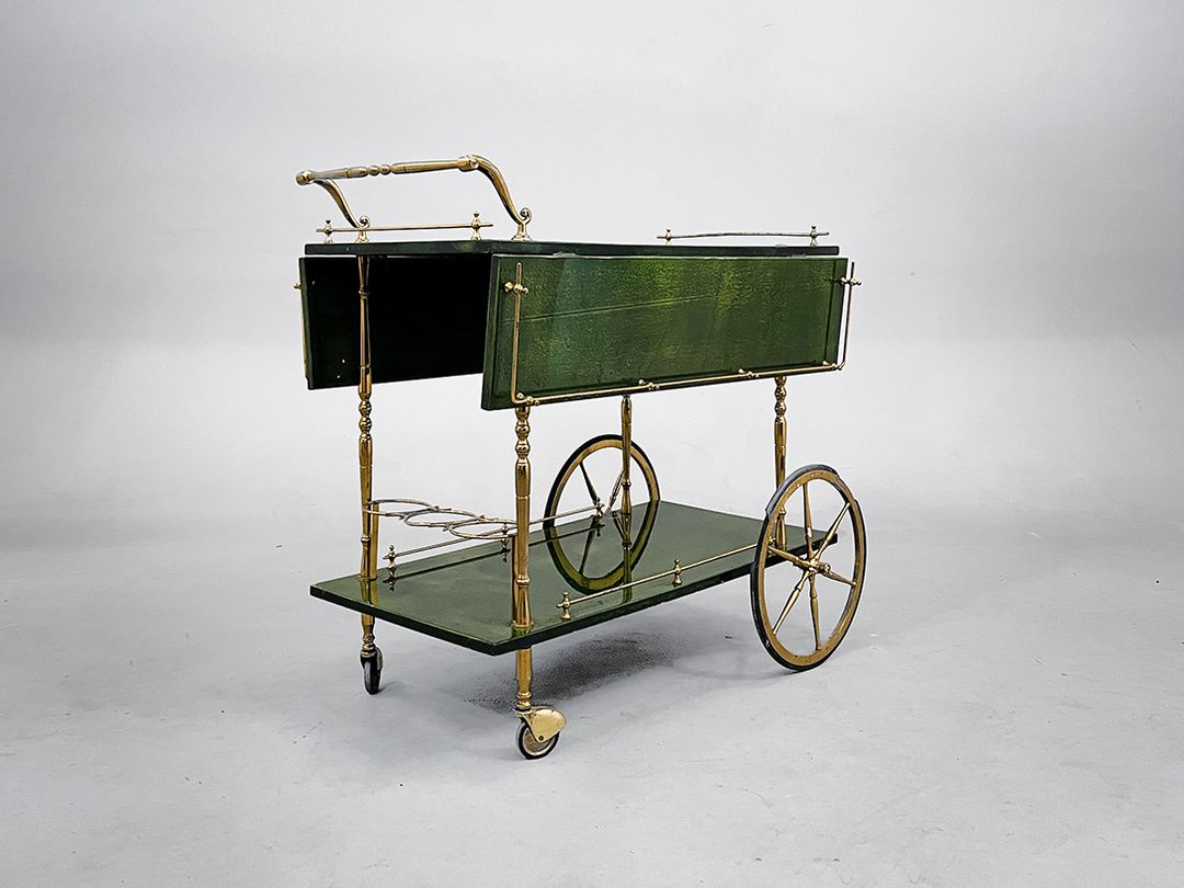 Foto Moss Green Goatskin Serving Cart with Brass Relief h78