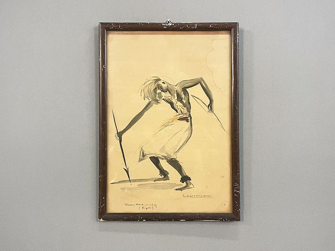 Foto Historic Watercolor of a Dancer at Ritual with Spear and Bow Africa h38x27 27B21