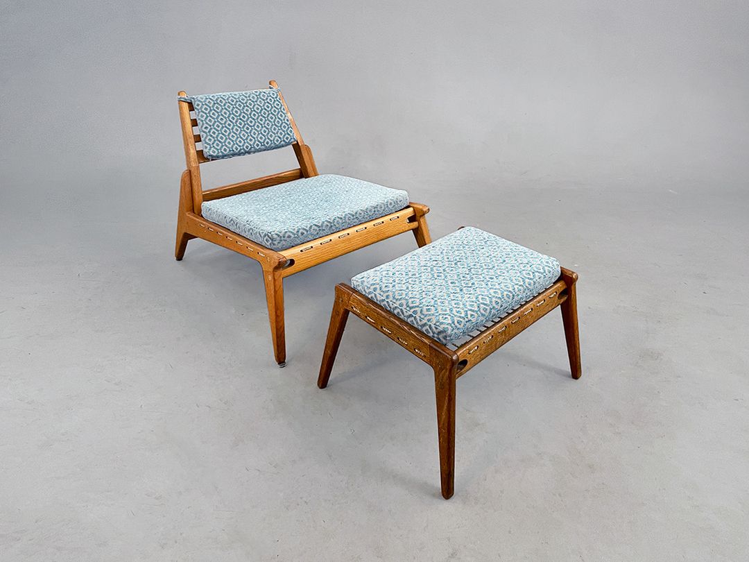 Foto Sculptural Hunting Armchair Midcentury Werkstätten Hellerau with Seablue Diamond Pattern