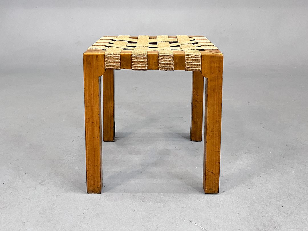 Foto Simple Mid-Century Stool with Beige Sling Seat, Czechoslovakia 1950s