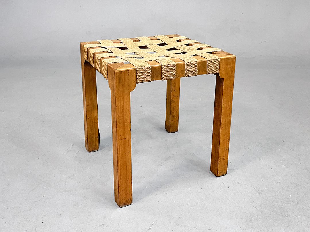 Foto Simple Mid-Century Stool with Beige Sling Seat, Czechoslovakia 1950s