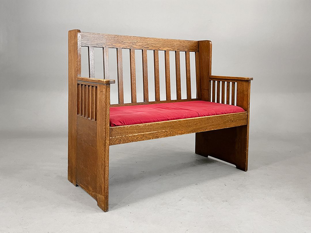 Foto Arts and Crafts Limbert Mission Oak Wooden Sofa Bench, 1900s
