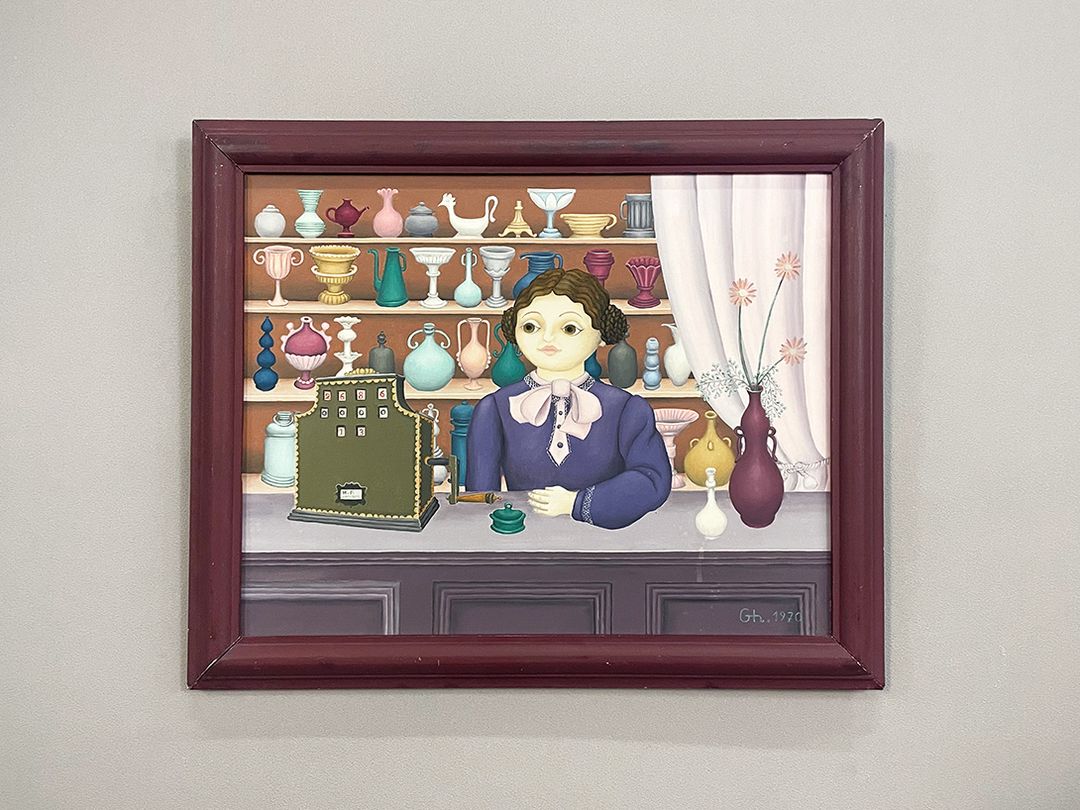 Foto Lady selling Vases and Pottery, Oil Painting 1970 h44x54 16D19