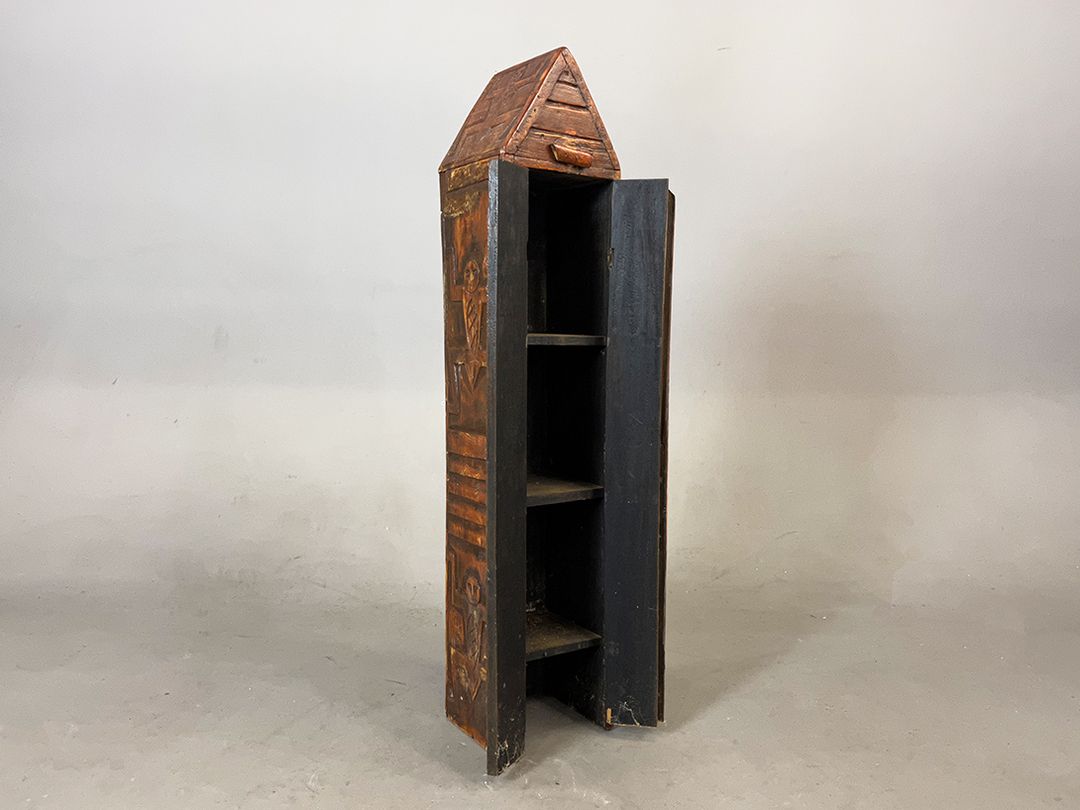 Foto African Super Slim Wooden Carved Handmade Cabinet with Roof h103
