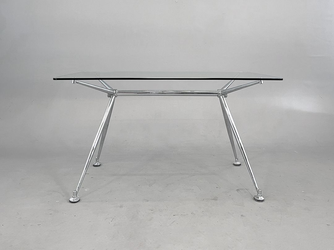 Foto Atomic Glass Table Desk With Chrome Steel Base  h75x80x135