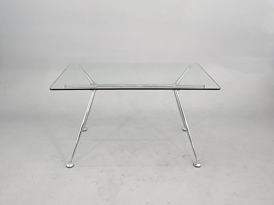 Foto Atomic Glass Table Desk With Chrome Steel Base  h75x80x135