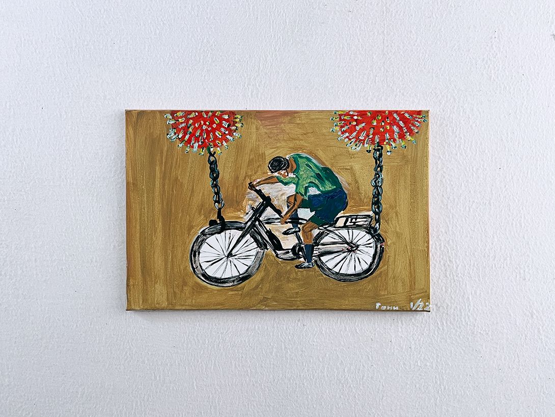 Foto Painting of a Cyclist Hanging on Doping or Virus Chains h40
